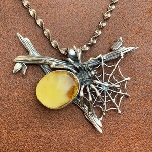 Sterling silver baltic Amber pendant 925 amber jewelry spider web gothic punk